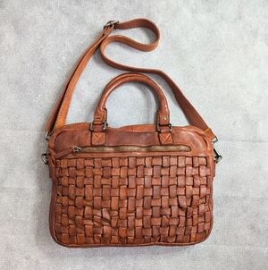 Vilenca Holland Made In Italy Leather Working Woven Laptop Satchel Cognac/Brown